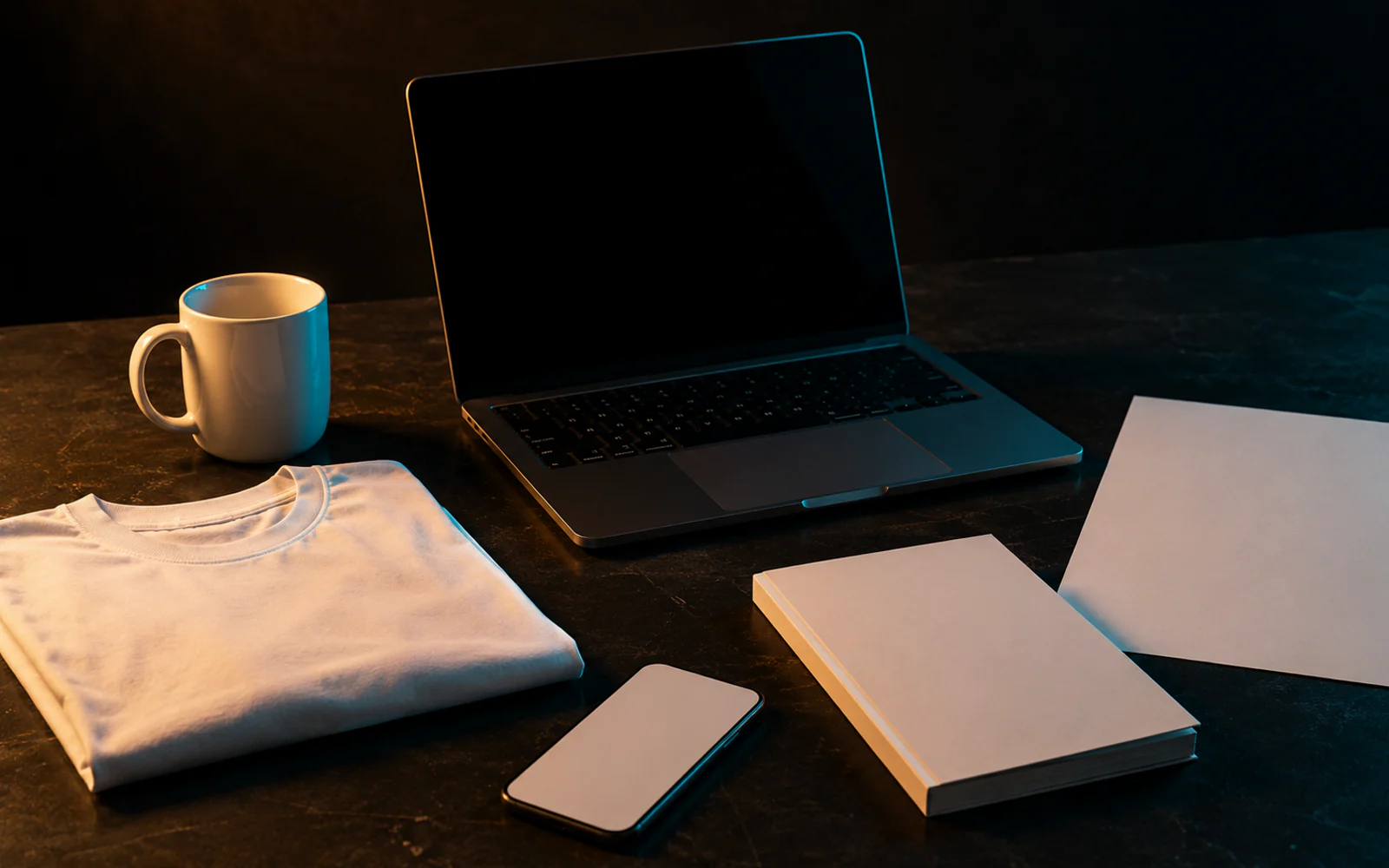 blank product surfaces for phone, shirt, mug, book, and poster under warm studio light