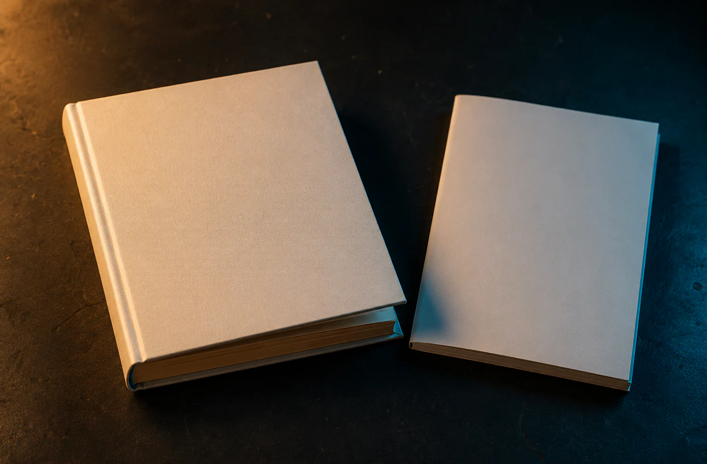 blank book cover under side light on a charcoal tabletop
