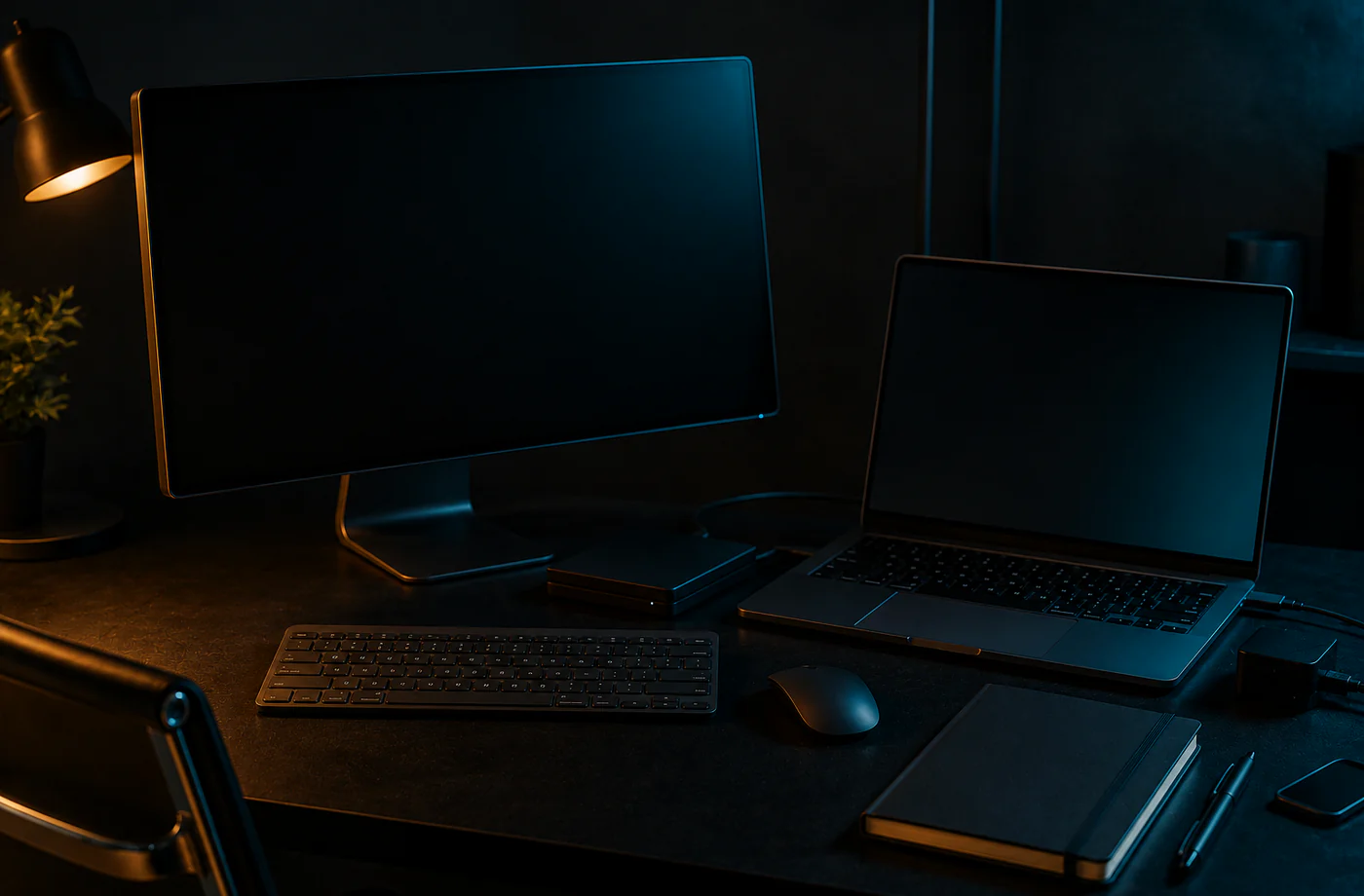 blank developer monitor on a dark desk with teal screen glow