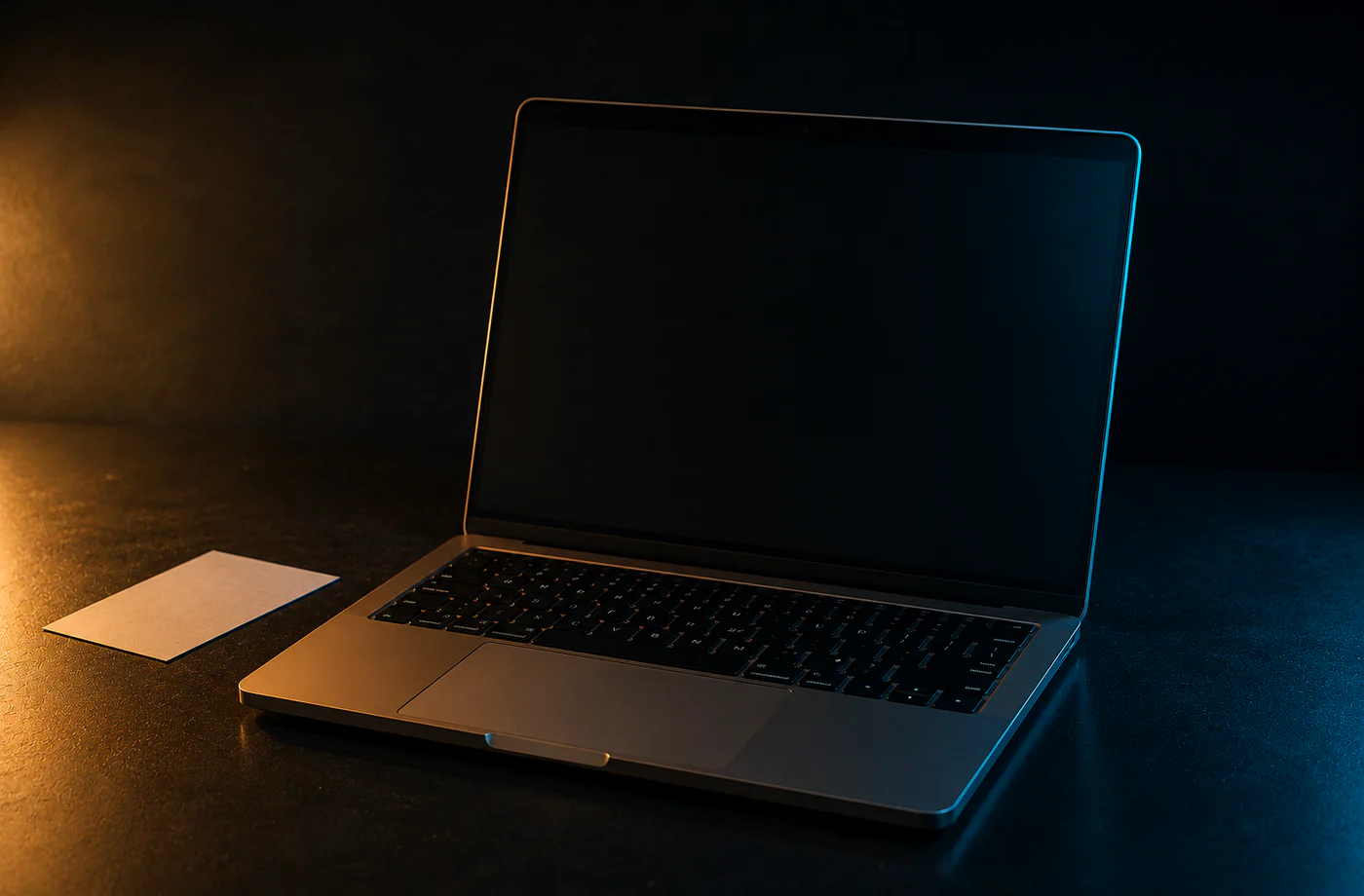 blank laptop screen on a charcoal stage with warm spotlight for a browser mockup