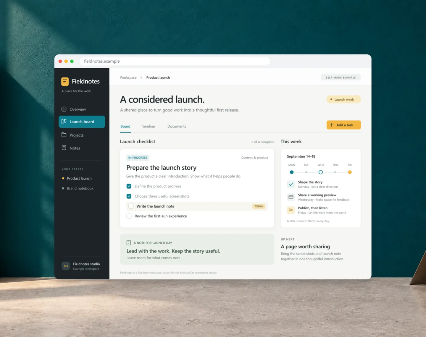 Self-made Fieldnotes screenshot exported in a browser frame on a teal studio background
